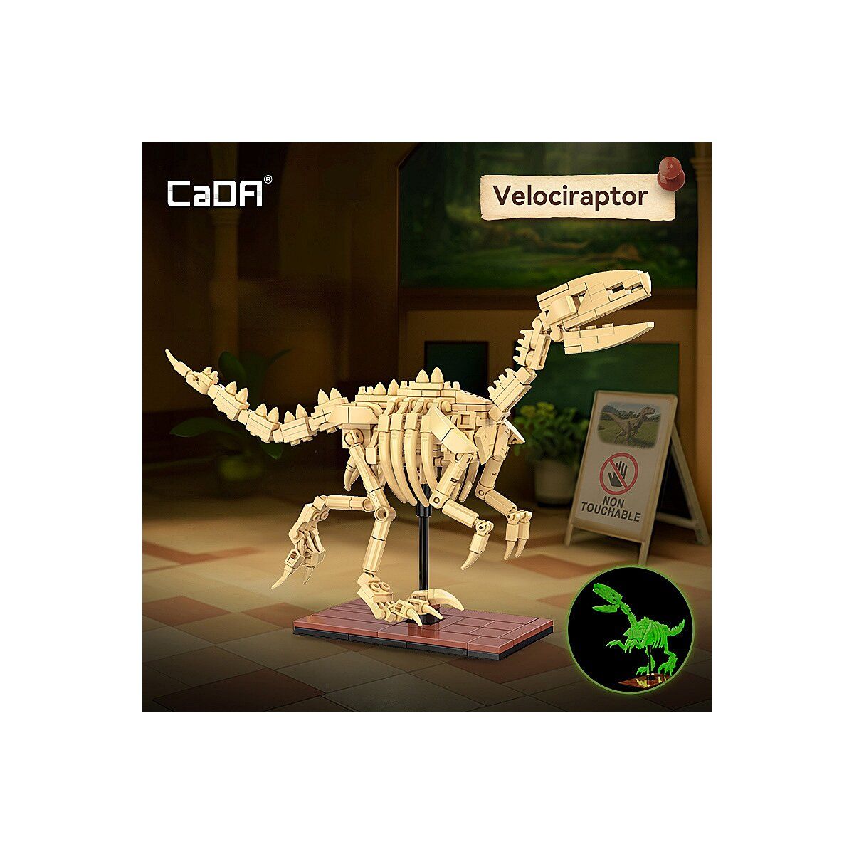 Egy bézs színű Lego velociraptor csontváz áll egy talapzaton. Háttér: múzeum.