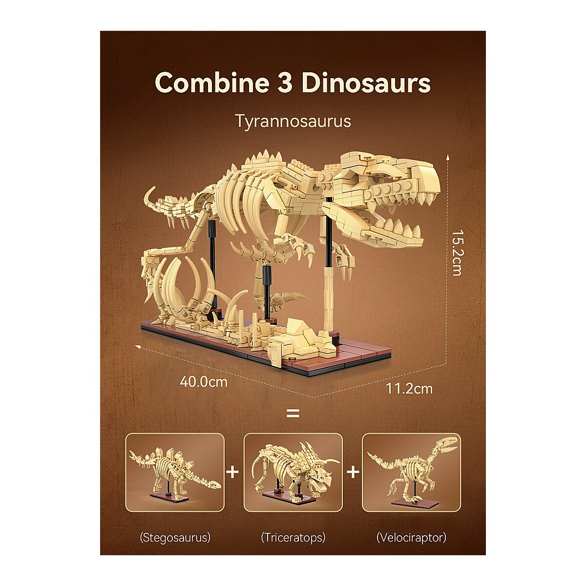 Tyrannosaurus csontváz modell építőkockákból, Stegosaurus, Triceratops, Velociraptor kombinációja.