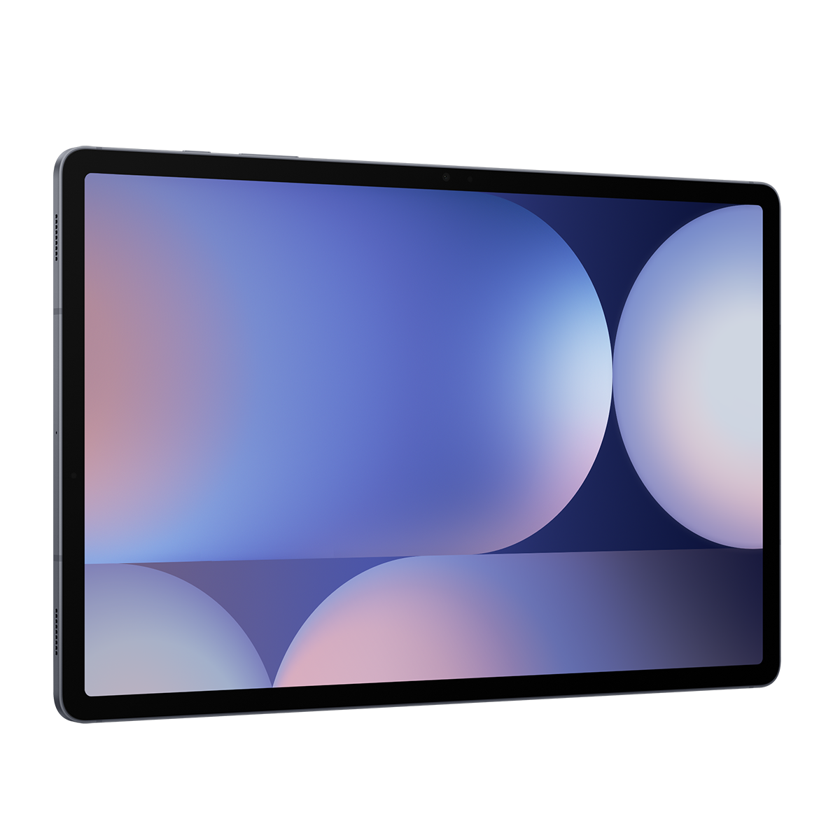 Koyu çerçeveli modern tablet, soyut mavi ve pembe arka planı gösteriyor.