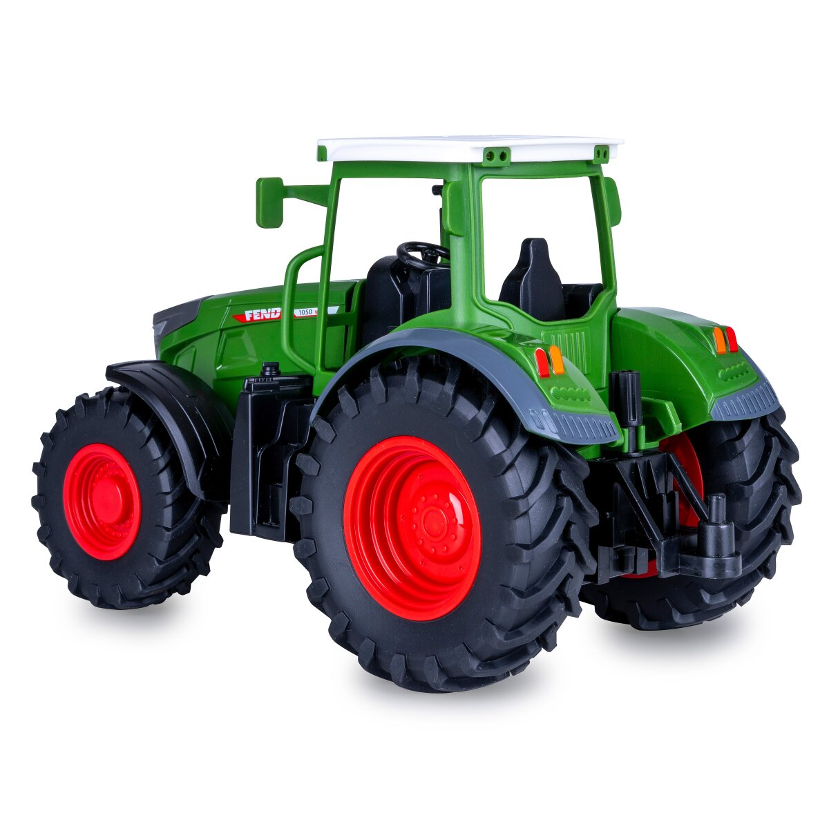 Zöld játék traktor nagy piros peremű kerekekkel és fekete gumikkal. Fehér tető.