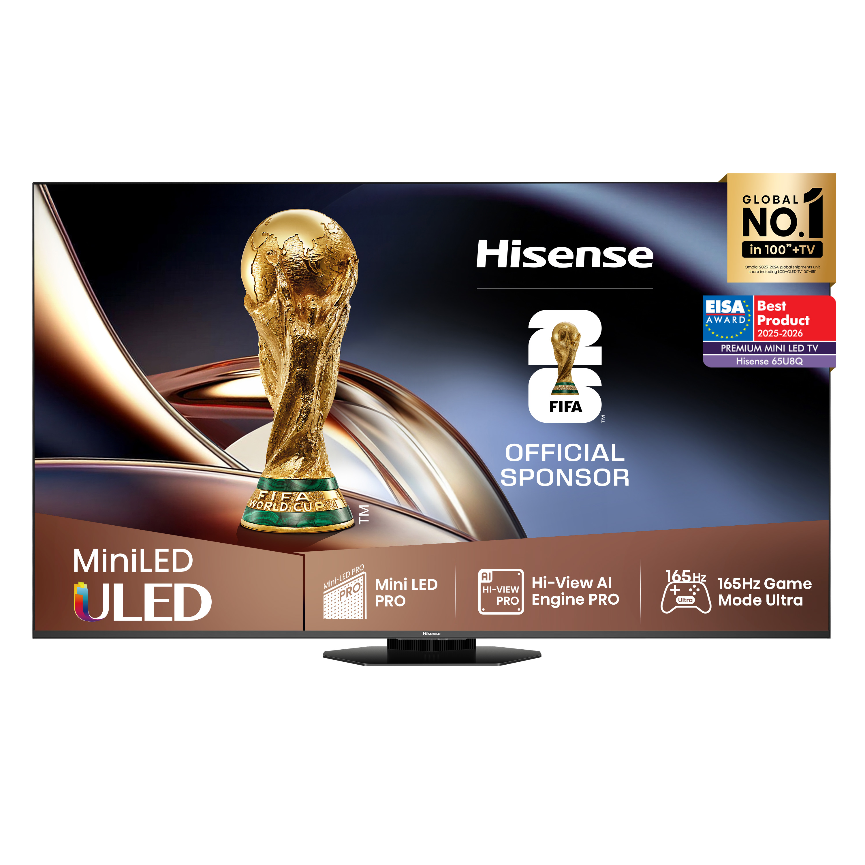 Telewizor Hisense MiniLED ULED z pucharem MŚ FIFA, nagrodą EISA i tytułem Globalny Nr 1.