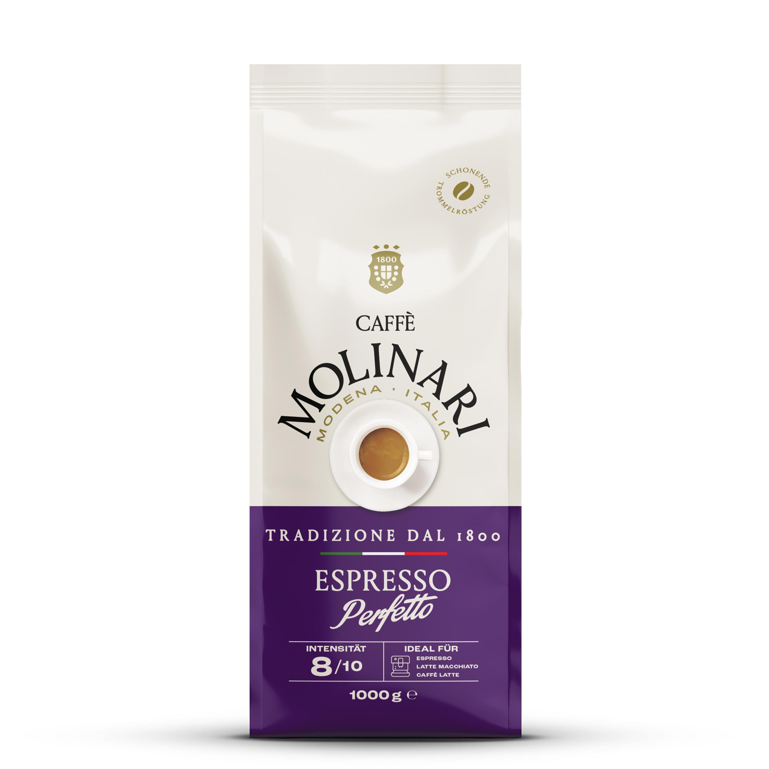 Eine Packung Molinari Caffè Espresso Perfetto mit einem Bild einer Espressotasse.