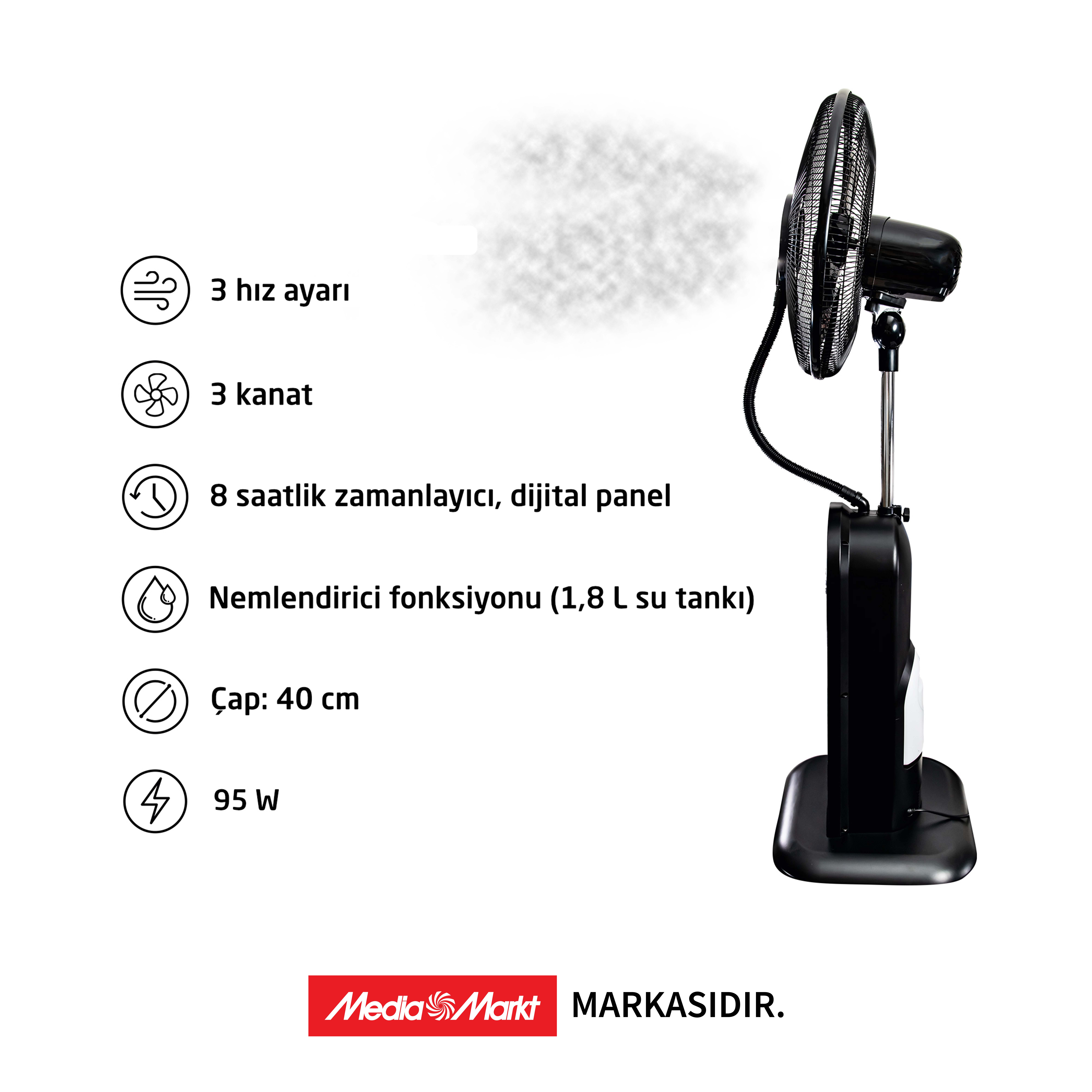 Siyah buhar fonksiyonlu vantilatör, 3 hız, zamanlayıcı, 40cm çap, 95W.