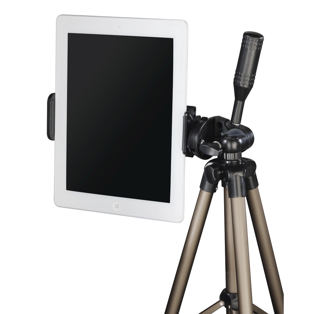 Beyaz bir tablet, bir tripoda monte edilmiş siyah bir tripod yuvasına takılıdır.