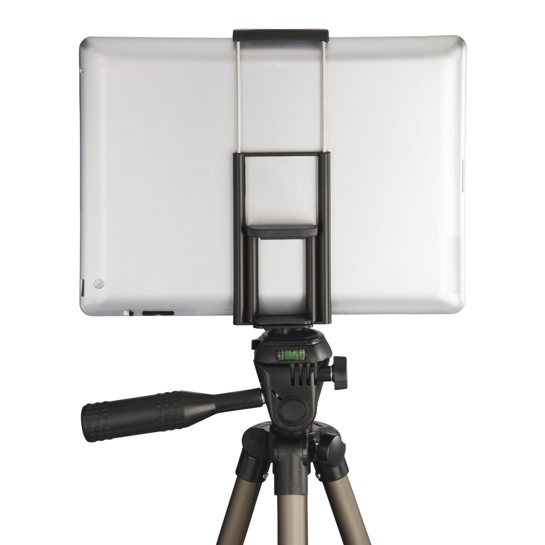 Gümüş tablet, tripod üzerindeki siyah aparatla tutuluyor.