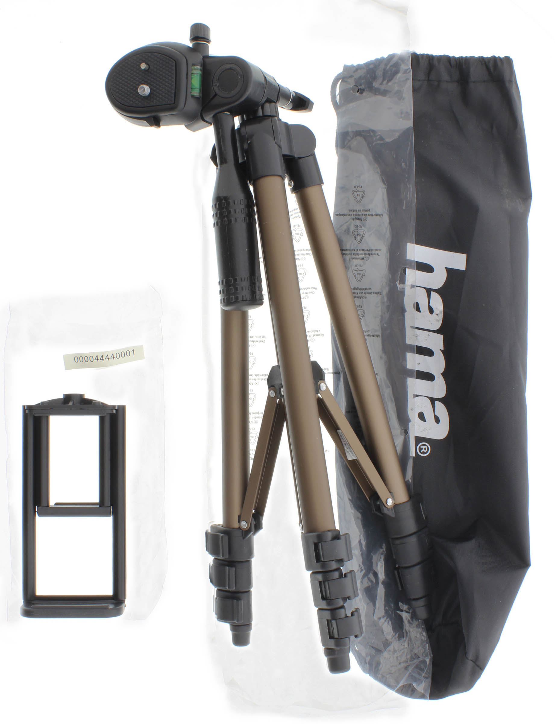 Hama marka, aksesuar çantası ve telefon tutucu içeren, beyaz arka planlı bir tripod.