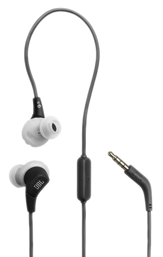 Czarne słuchawki douszne JBL z białymi wkładkami i wtyczką 3,5 mm.