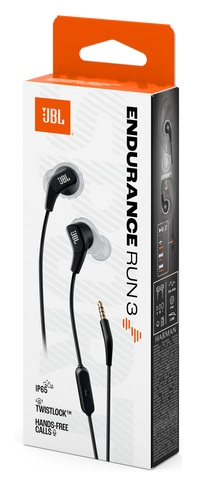 Pudełko z czarnymi słuchawkami JBL Endurance Run 3 i srebrną wtyczką jack.