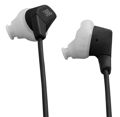 Dwa słuchawki JBL z białymi końcówkami i czarnymi akcentami na białym tle.