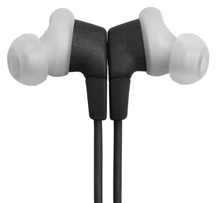 Dwa czarne słuchawki z białymi końcówkami, zbliżenie.