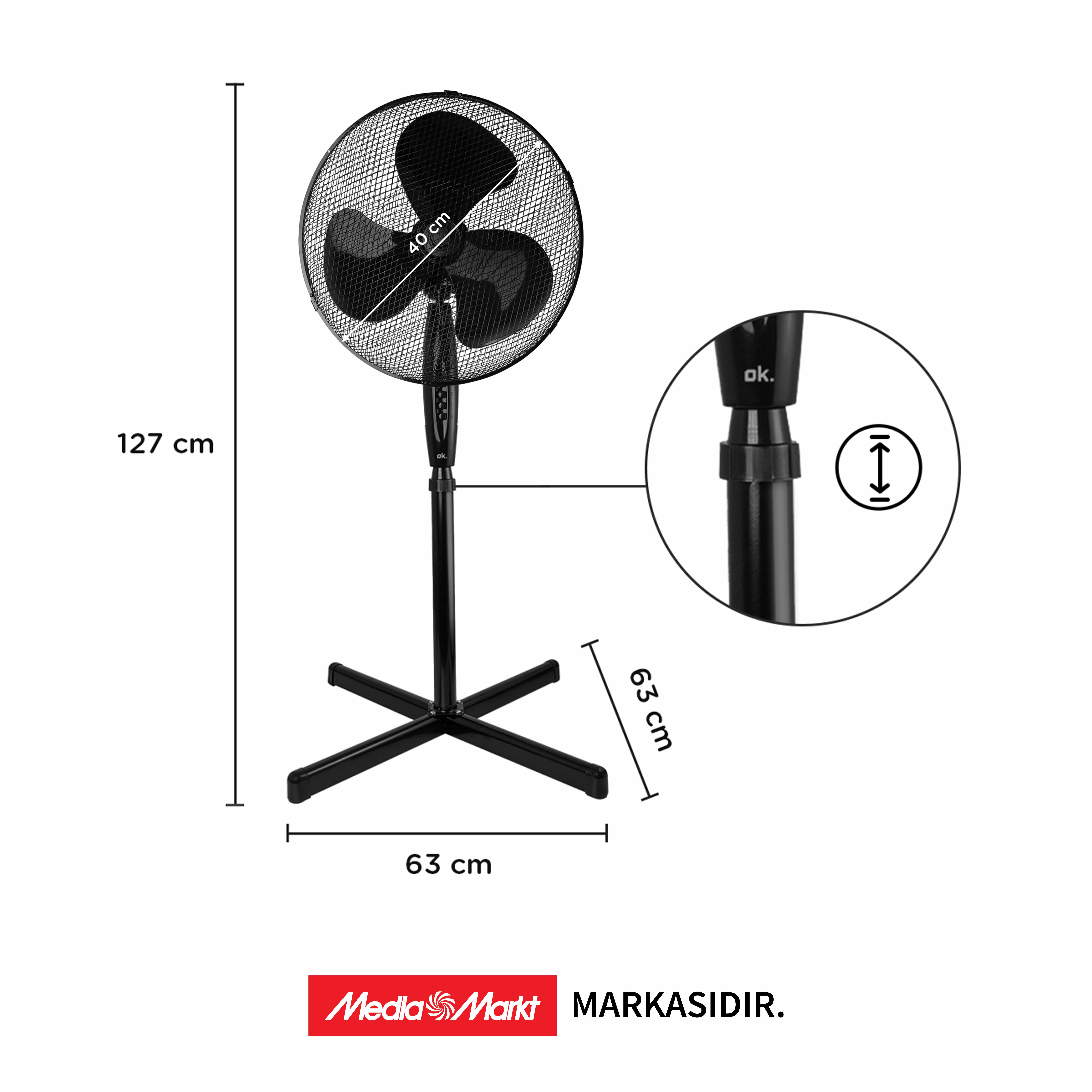 127 cm yüksekliğinde ve 40 cm çapında siyah bir ayaklı vantilatör.