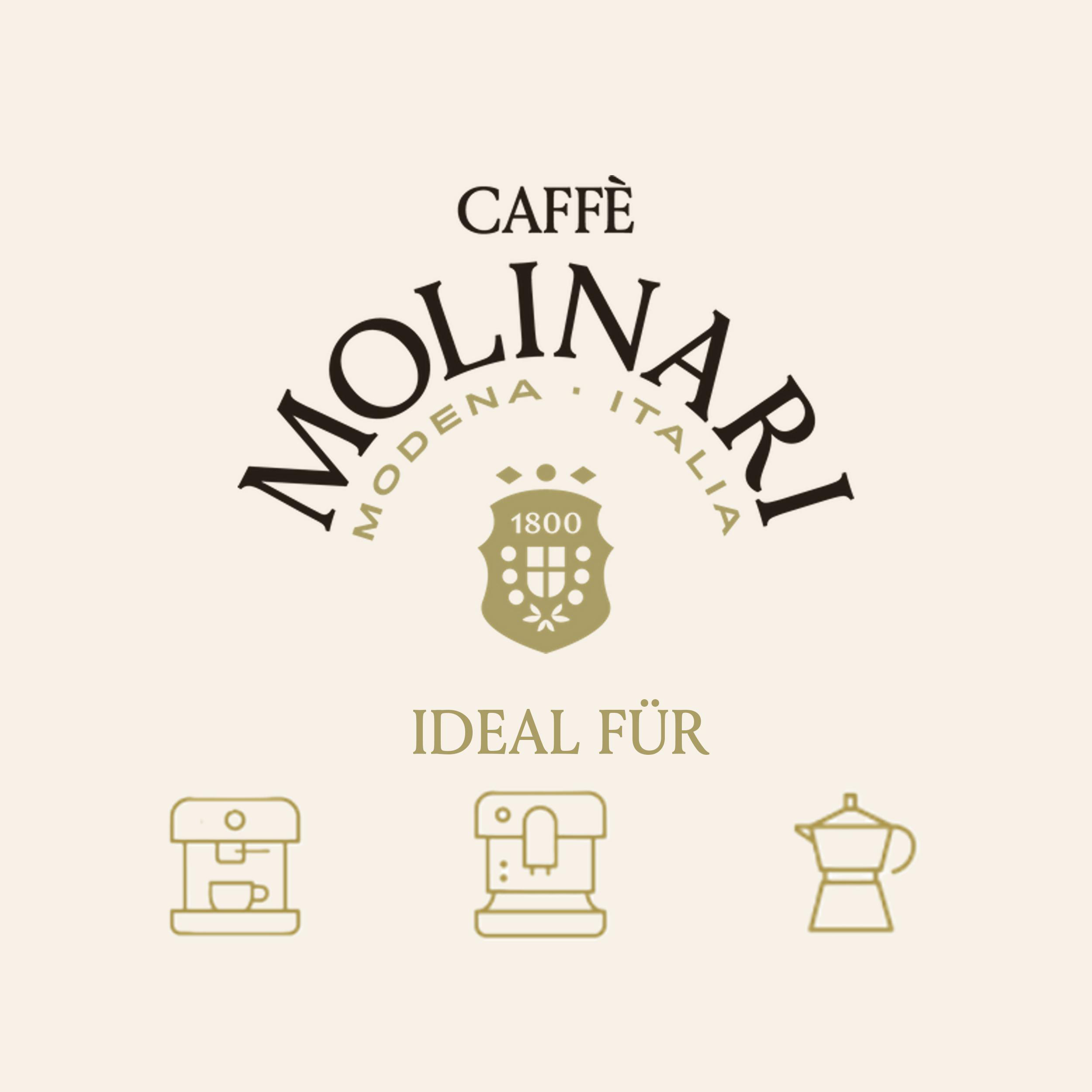 Logo von Caffè Molinari mit drei Kaffeemaschinen-Symbolen.