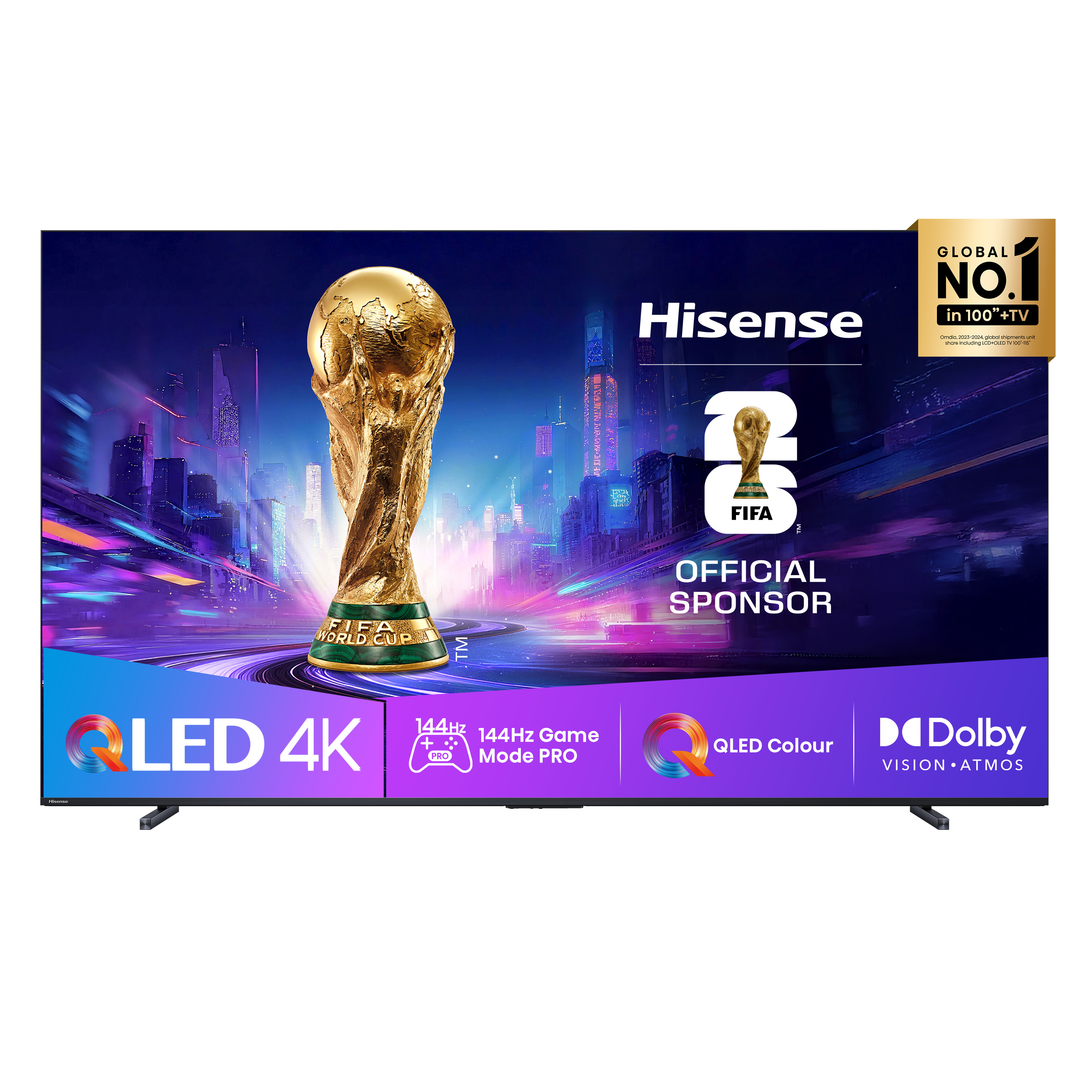 Telewizor Hisense z pucharem MŚ FIFA, panoramą miasta, 4K LED, 144Hz, QLED, Dolby Vision.