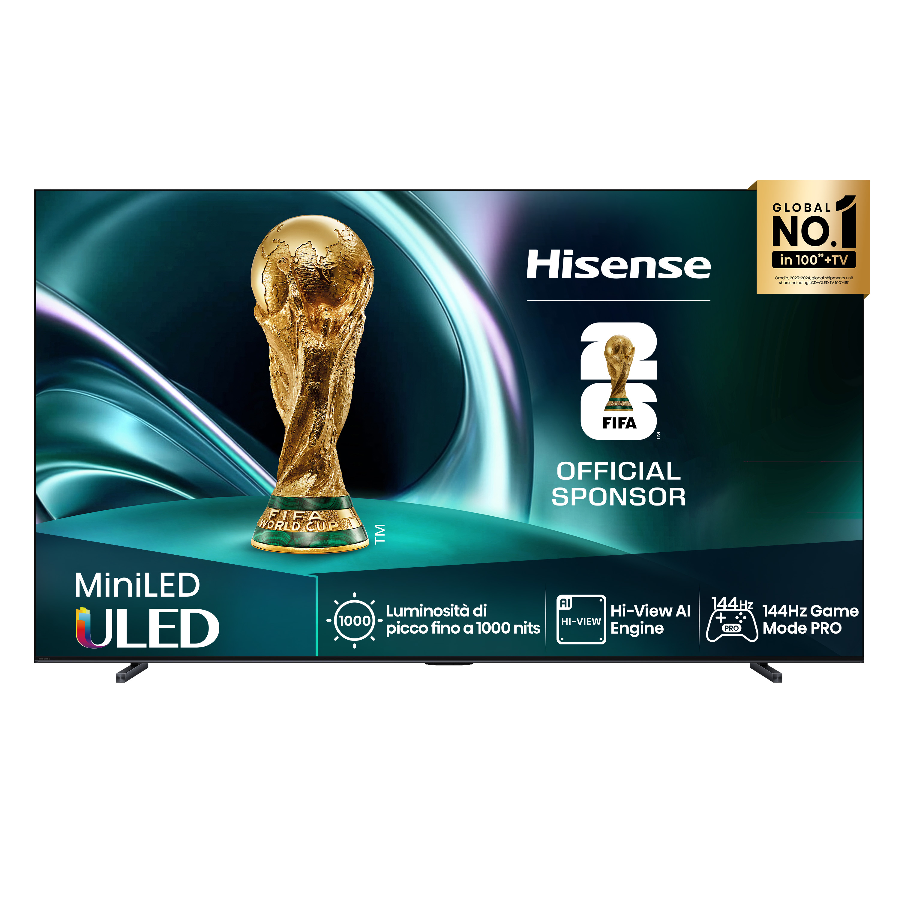 Telewizor Hisense z pucharem FIFA, MiniLED ULED, 1000 nitów, AI Engine.