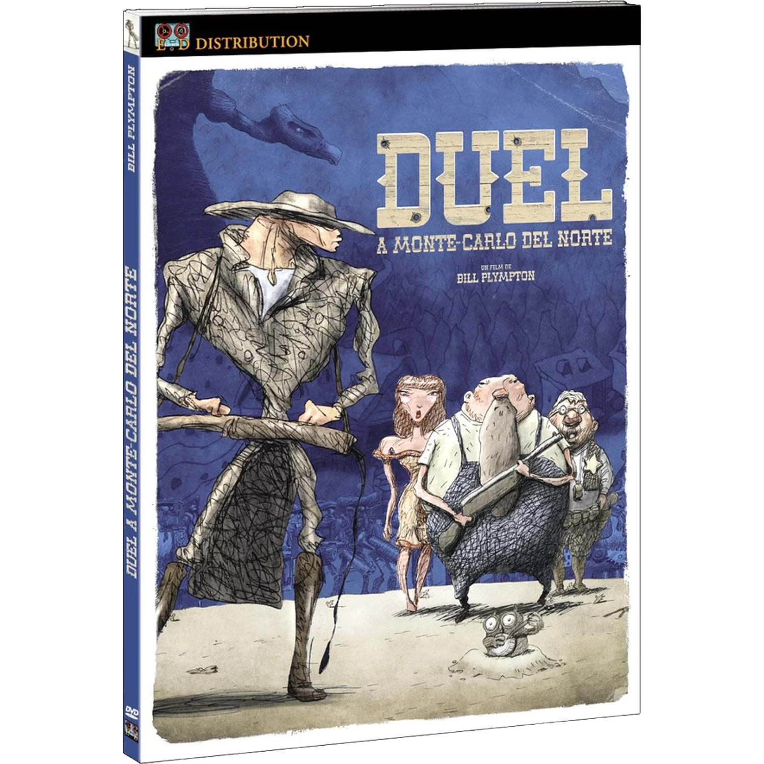 DVD-hoes: Een gestileerde tekening met personages en de titel "DUEL".