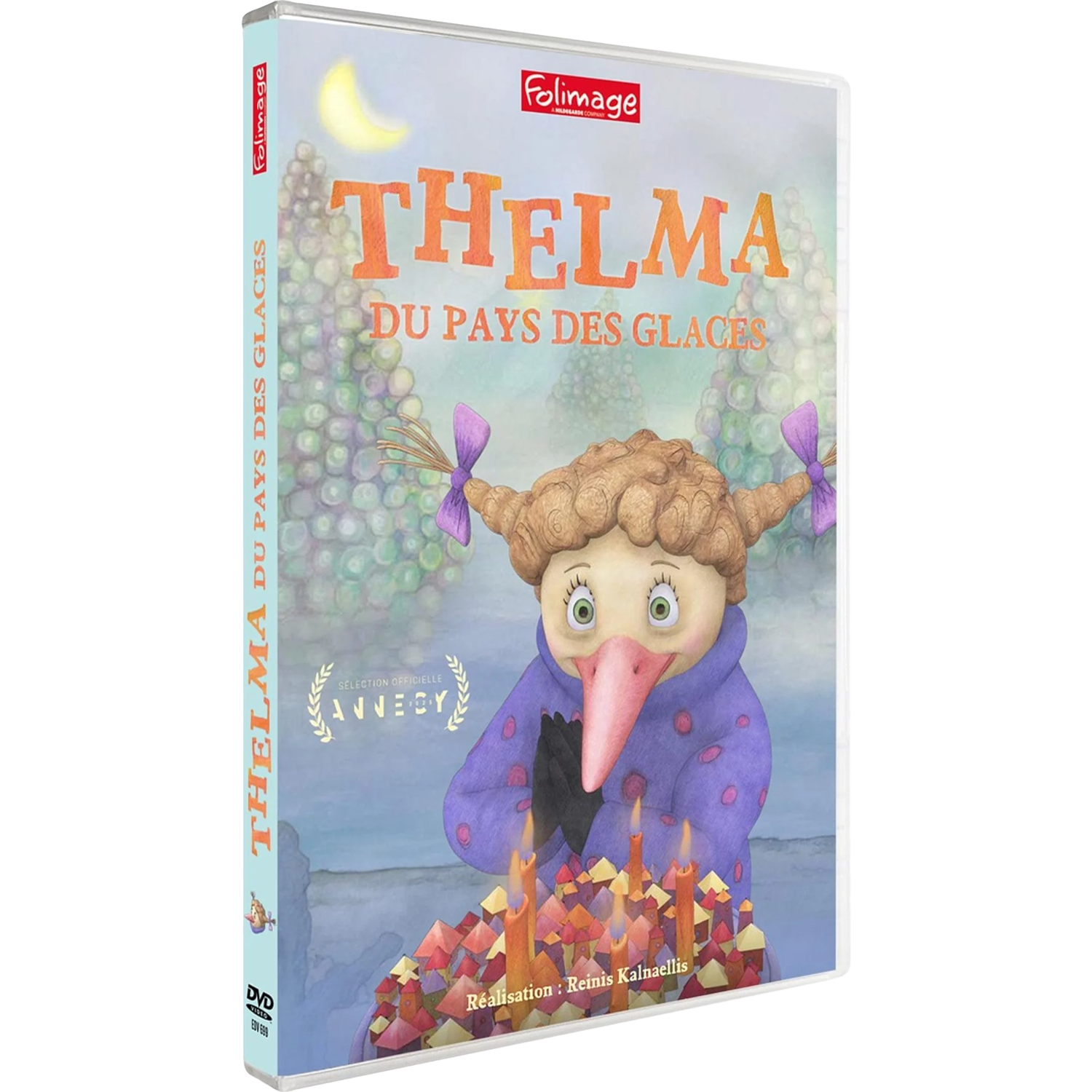 DVD-hoes met illustratie van een vogel voor een dorp en kaarsen.