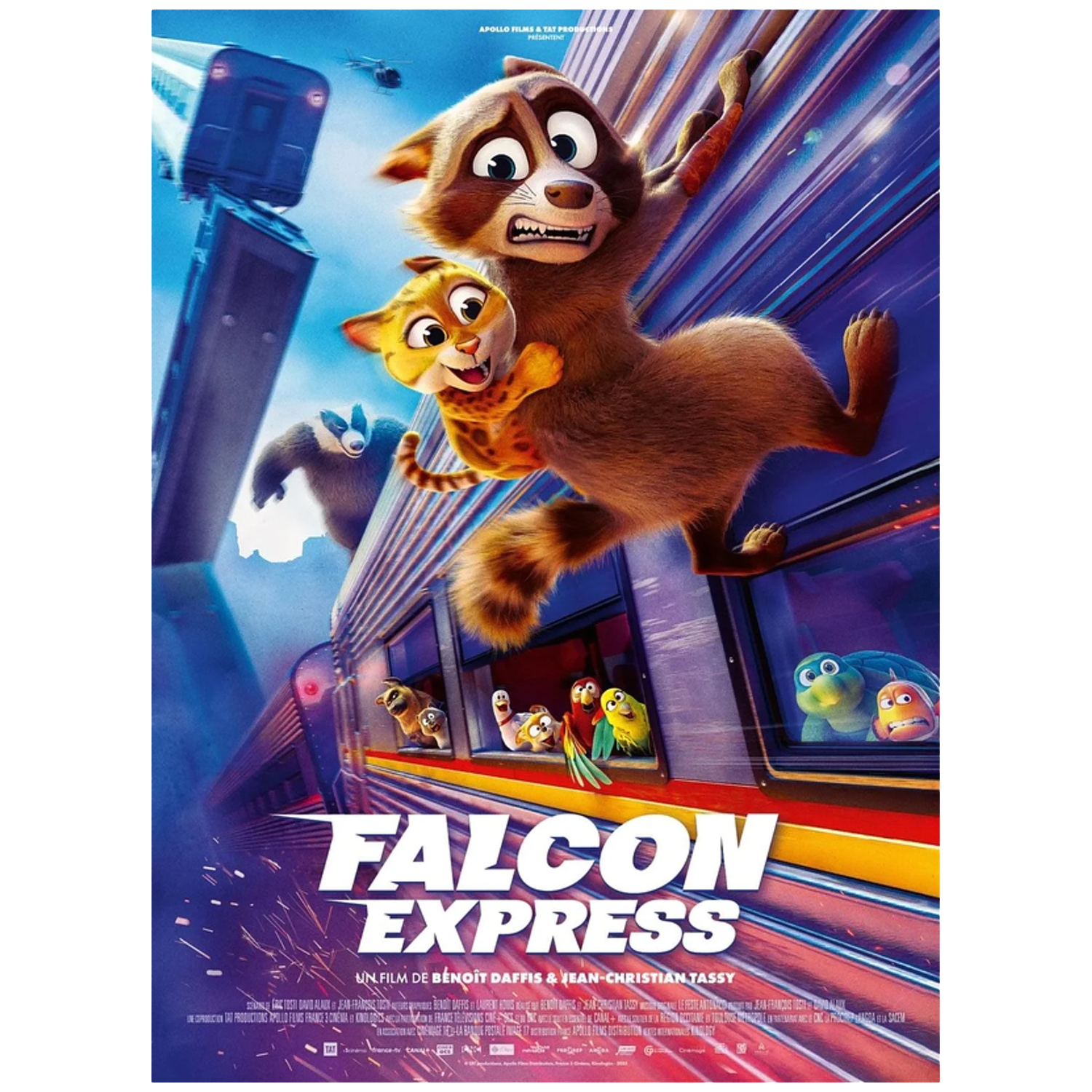 Animatiefilmposter: wasbeer en kat klimmen op trein. Andere dieren kijken uit ramen.