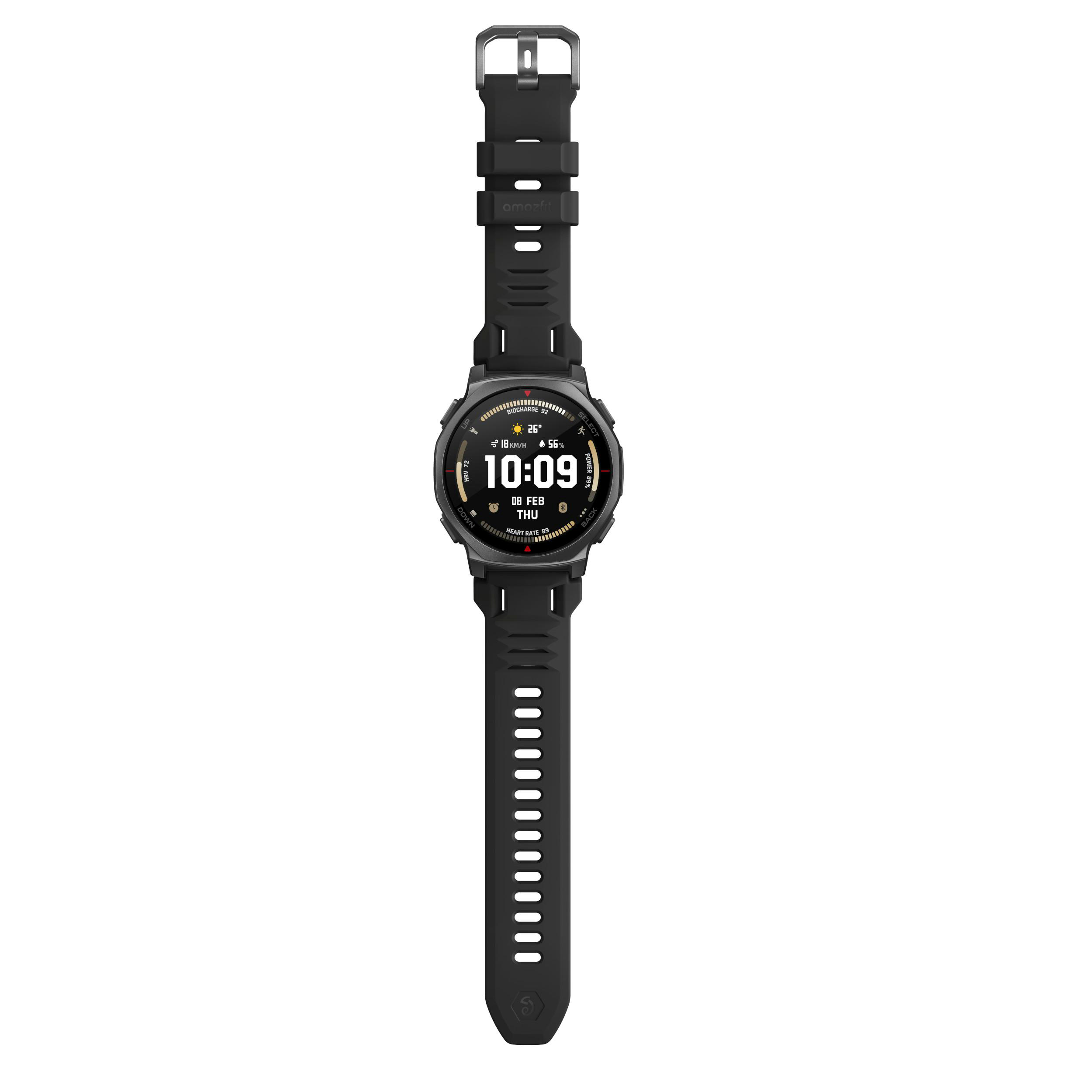 Schwarze Smartwatch mit silberner Schnalle. Zeigt 10:09 Uhr, Datum und Herzfrequenz.