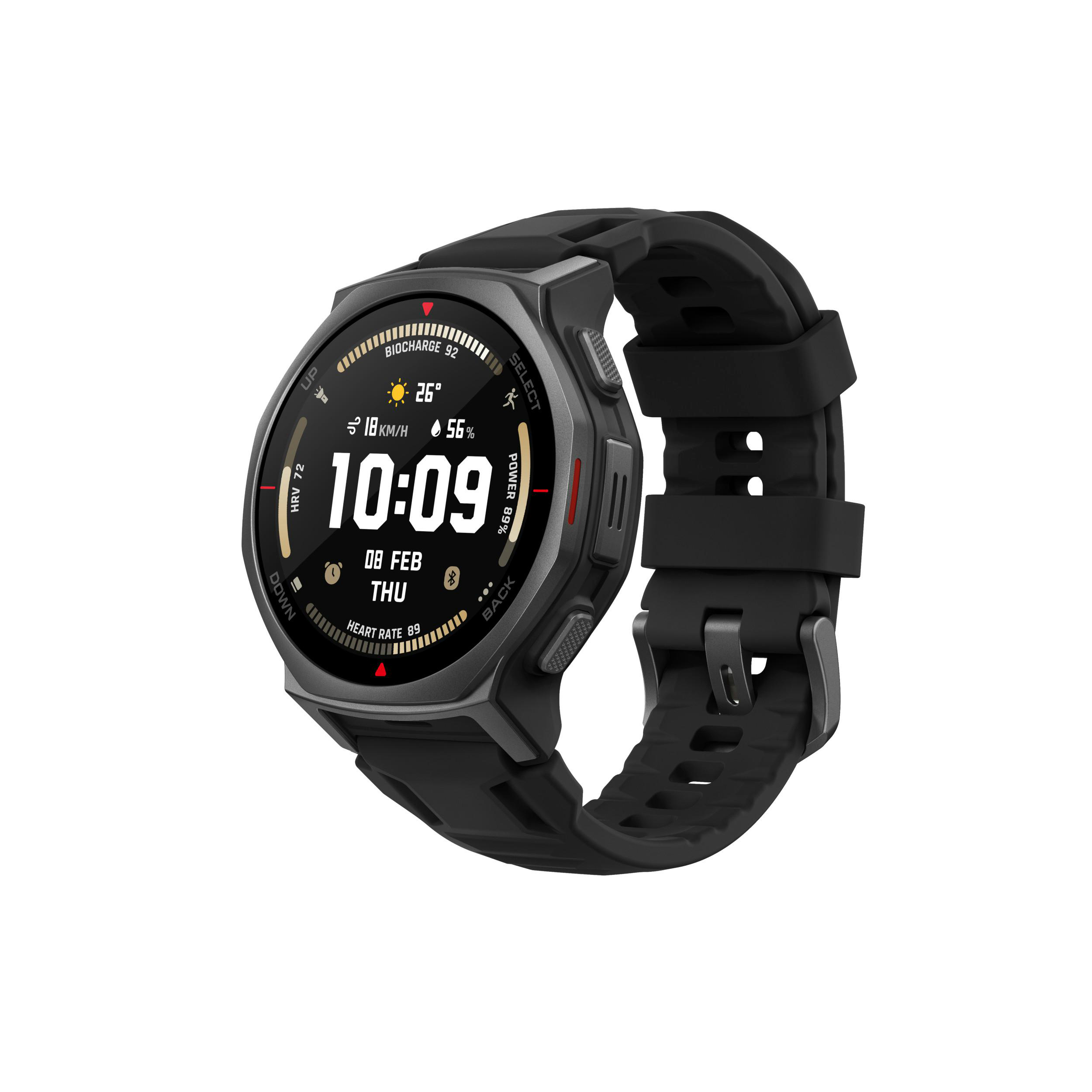 Schwarze Smartwatch mit dunklem Display, das Zeit, Datum und Vitalwerte anzeigt.