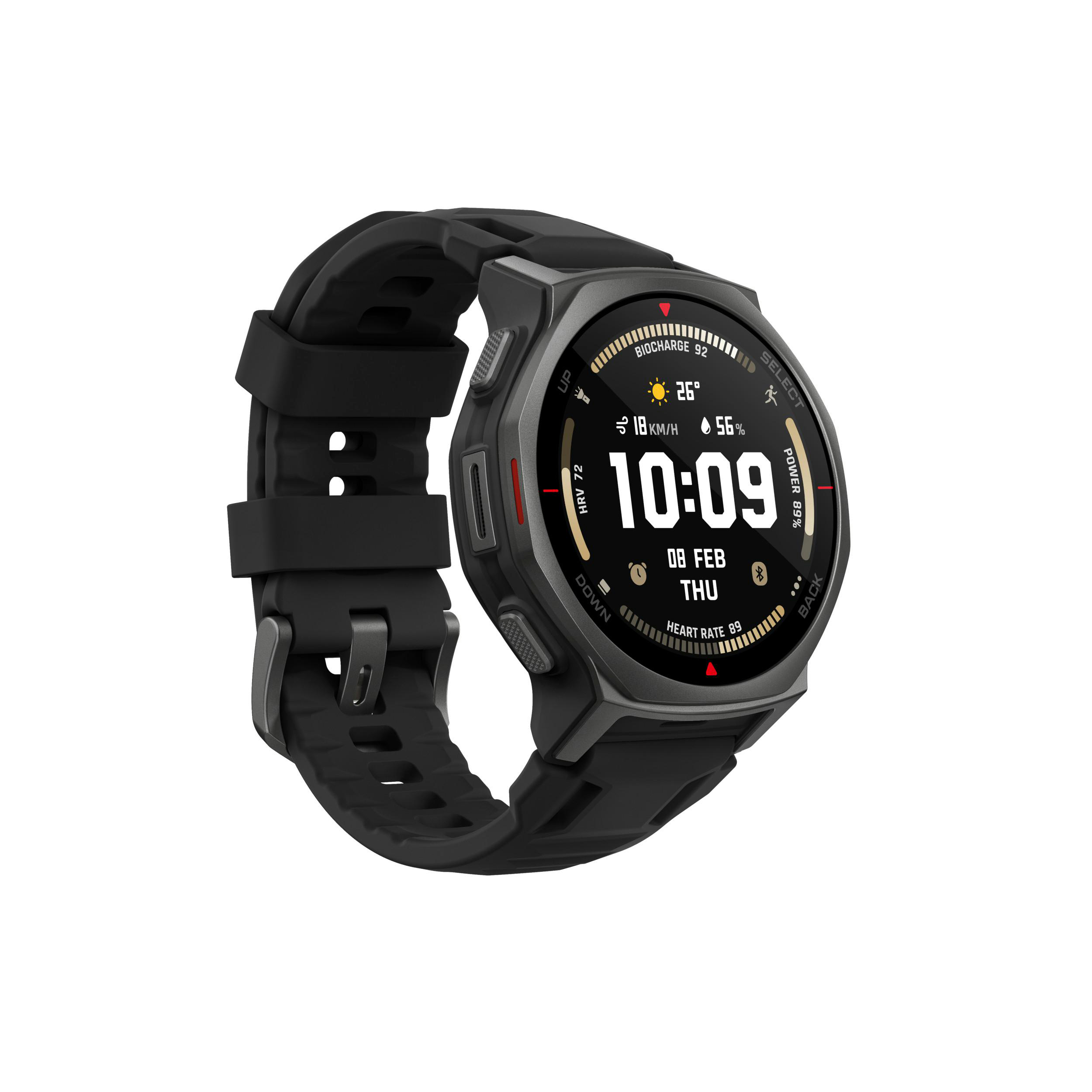 Schwarze Smartwatch mit dunklem Zifferblatt zeigt 10:09 Uhr, Datum und Fitnessdaten.