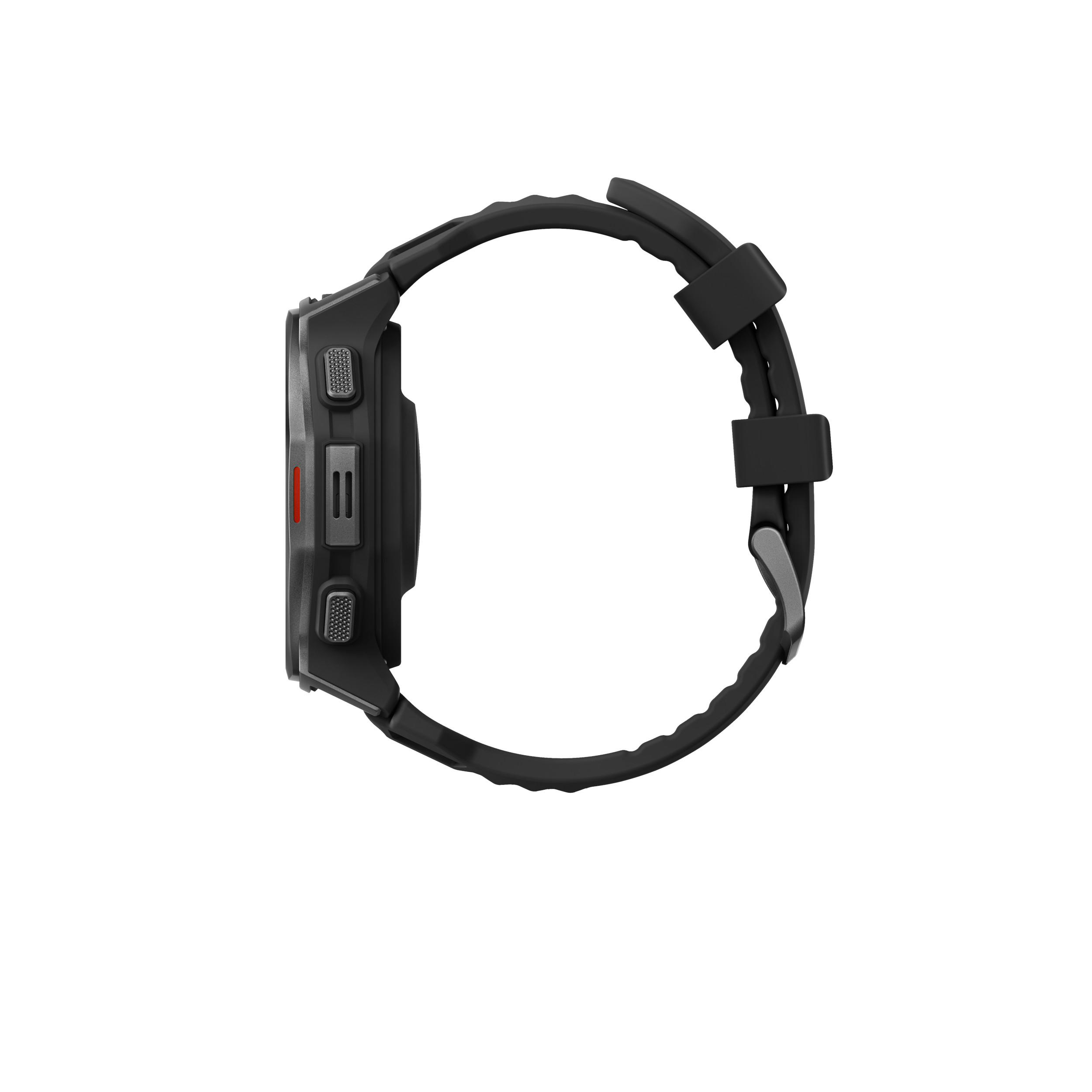 Schwarze Smartwatch mit Gummiband, seitliche Ansicht.