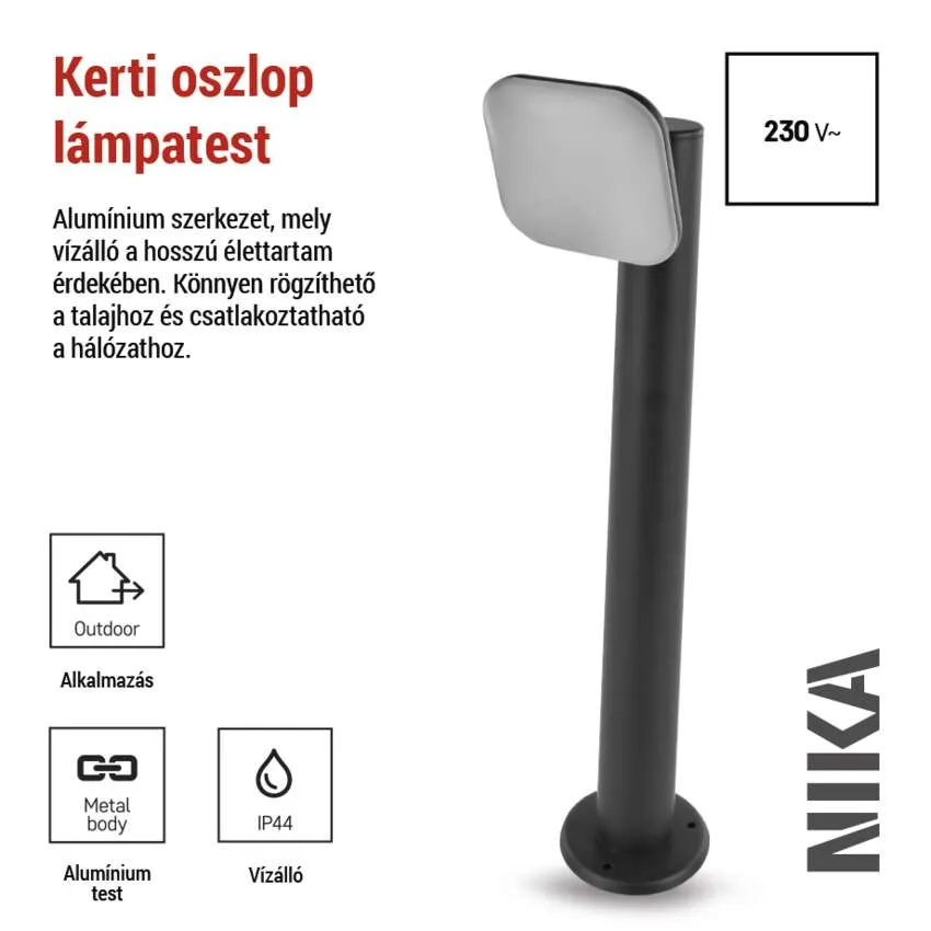 Fekete kültéri lámpatest fehér lámpabúrával. NIKA márka.