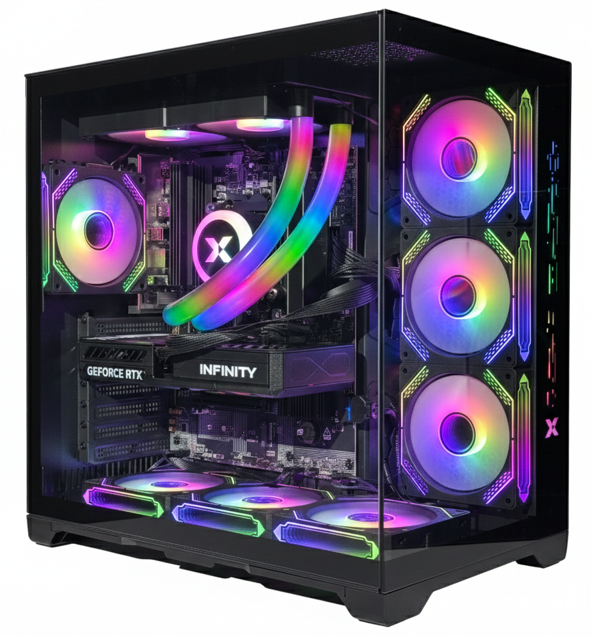 Ein schwarzer PC-Gehäuse mit RGB-Beleuchtung und sichtbaren Komponenten.