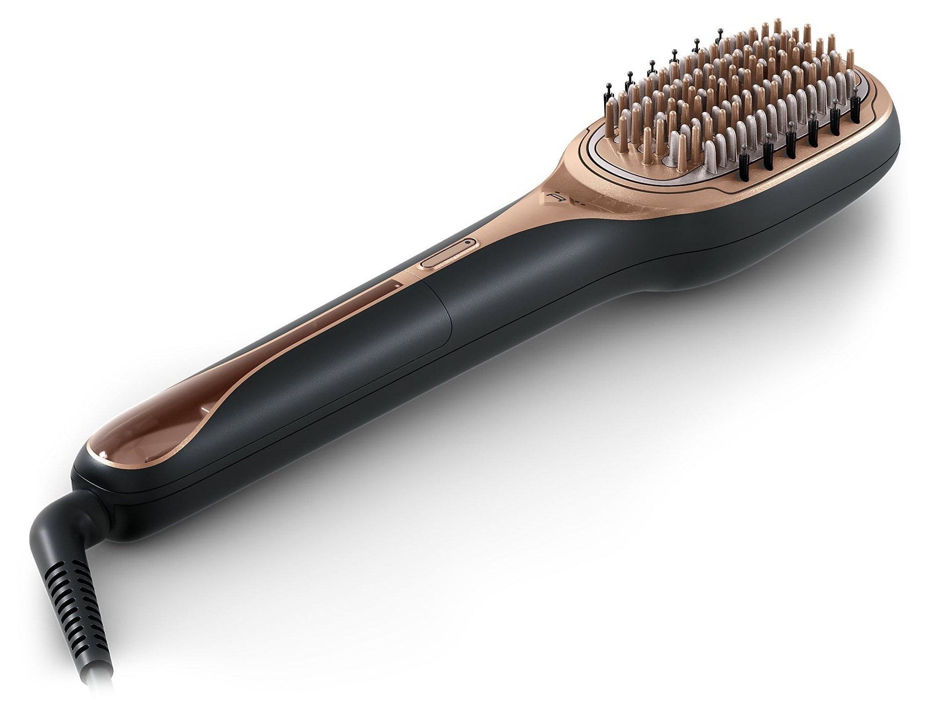 Czarna i złota szczotka do prostowania włosów z włosiem.