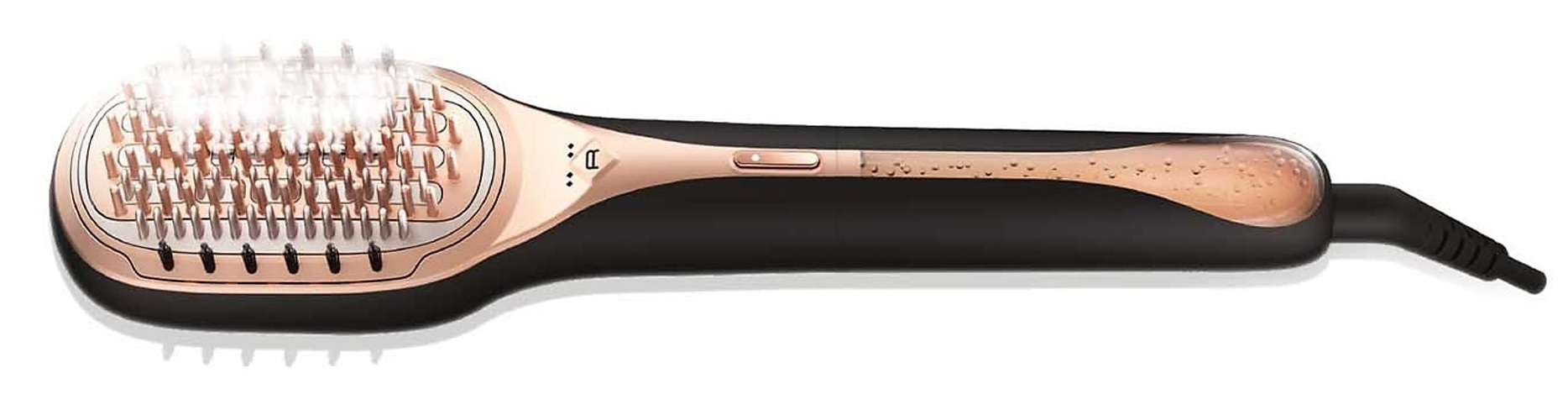 Czarna szczotka do prostowania włosów z różowo-złotymi akcentami i parującymi włoskami.