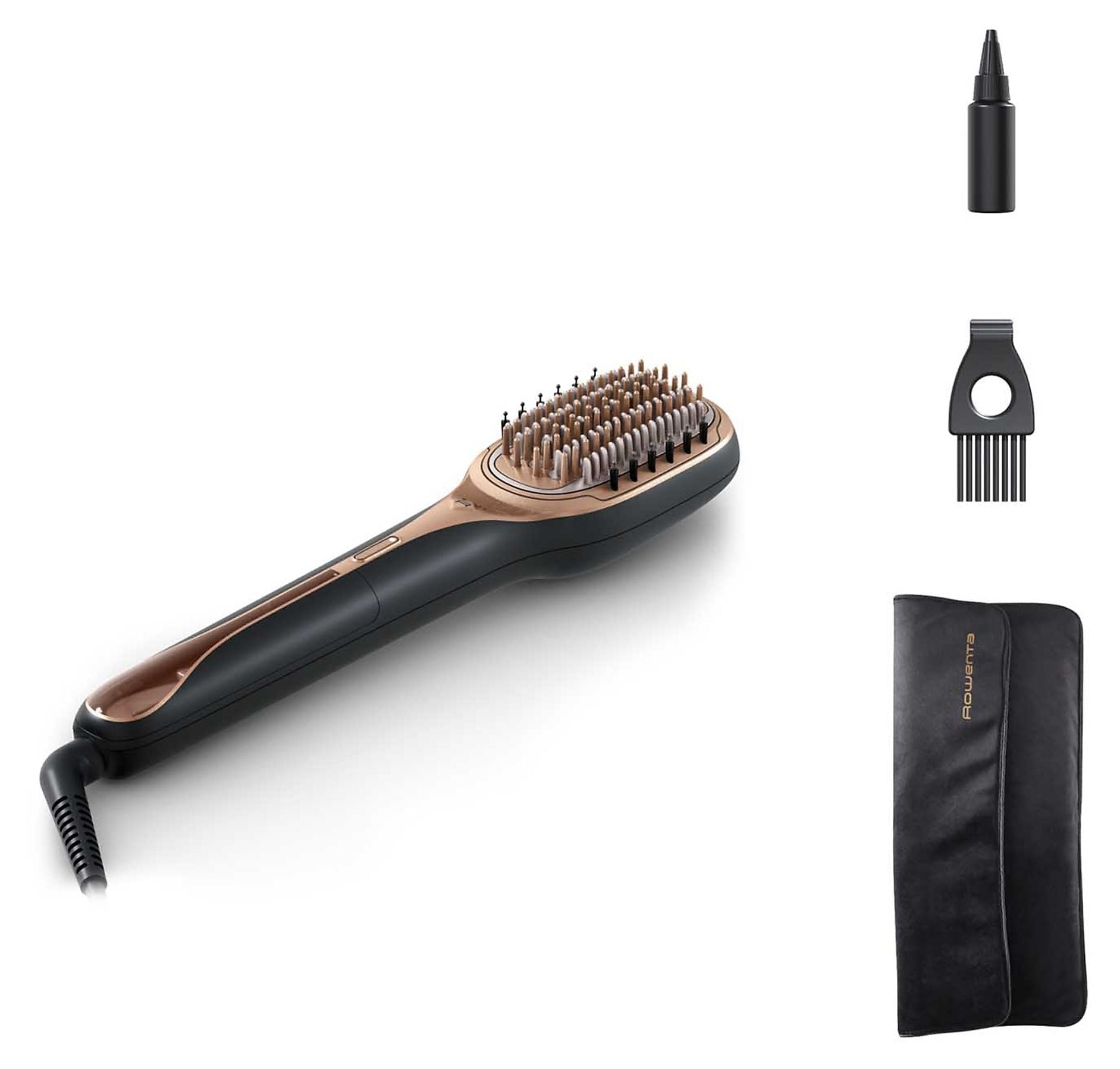 Czarna szczotka do prostowania włosów z miedzianymi akcentami, małą buteleczką, grzebieniem i czarnym etui.