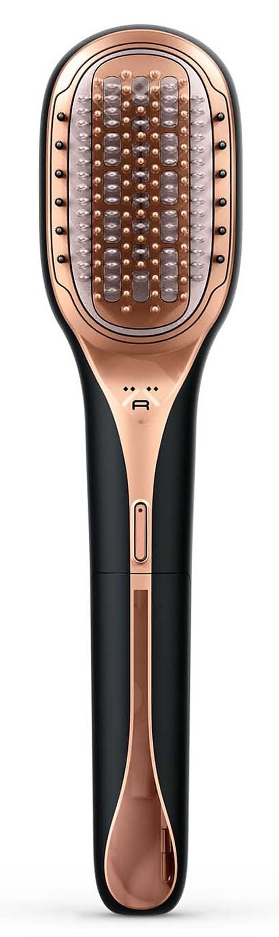 Czarna i miedziana szczotka do prostowania włosów z wieloma małymi włoskami i światłami.