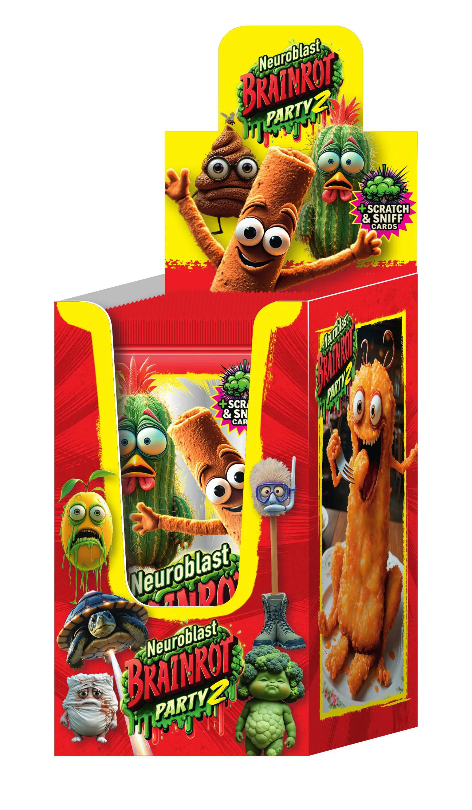 Produktverpackung mit Cartoon-Figuren: Ein brauner Kothaufen, ein Kaktus, ein Keks-Stab und ein Fischstäbchen-Männchen.