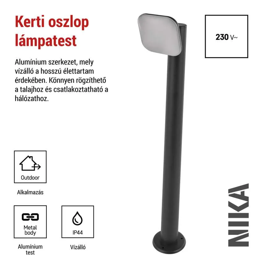 Fekete kültéri lámpaoszlop téglalap alakú lámpafejjel, 230V.