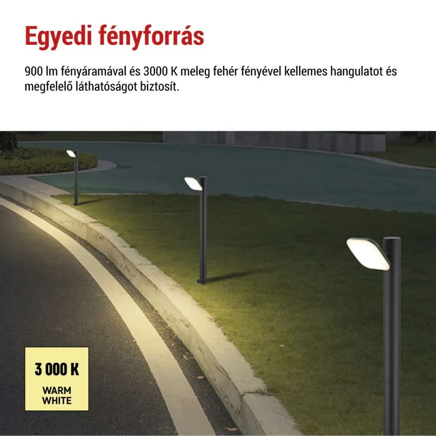 Három modern kültéri lámpa világít meg egy utat éjszaka meleg fehér fénnyel.