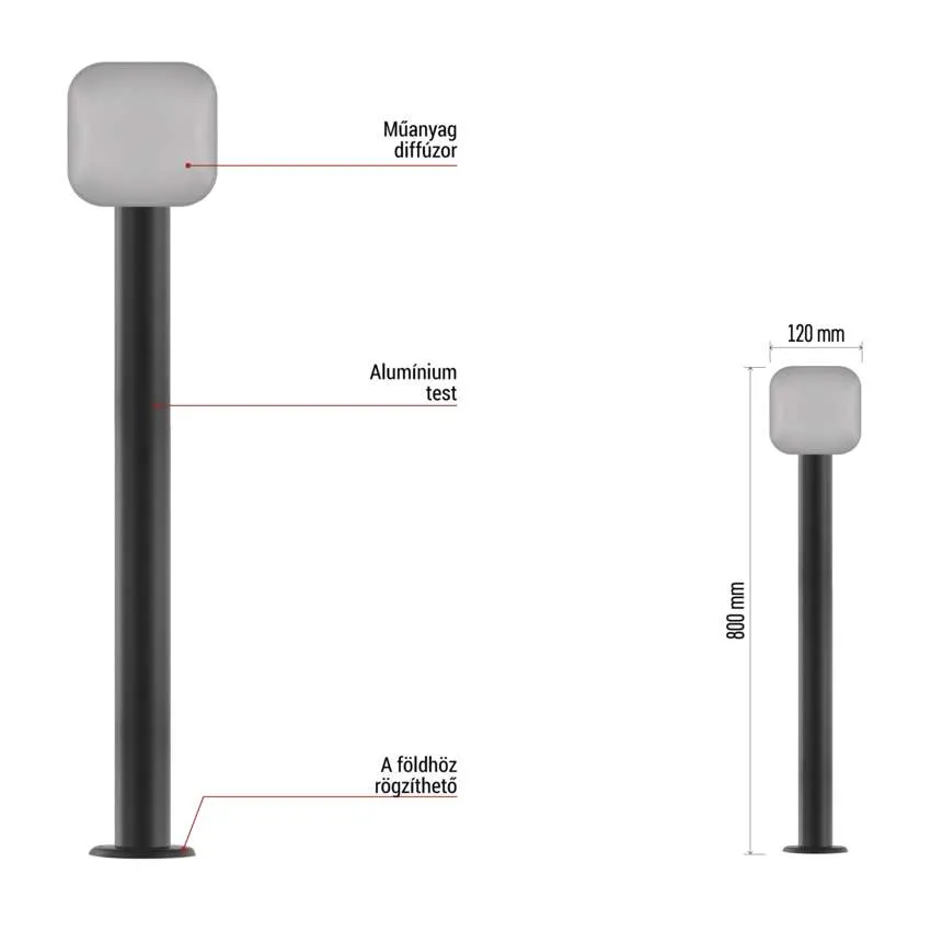 Fekete lámpaoszlop fehér diffúzorral, méretek 800x120mm.