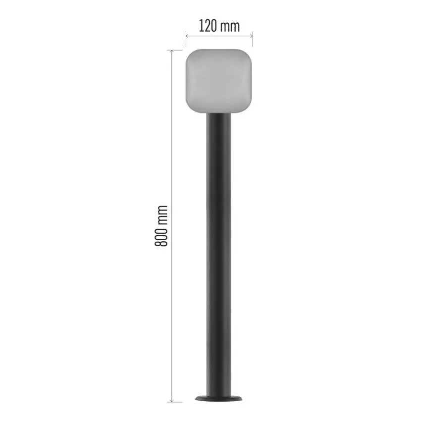 Egy 800 mm magas fekete lámpaoszlop 120 mm széles, matt fehér lámpafejjel.