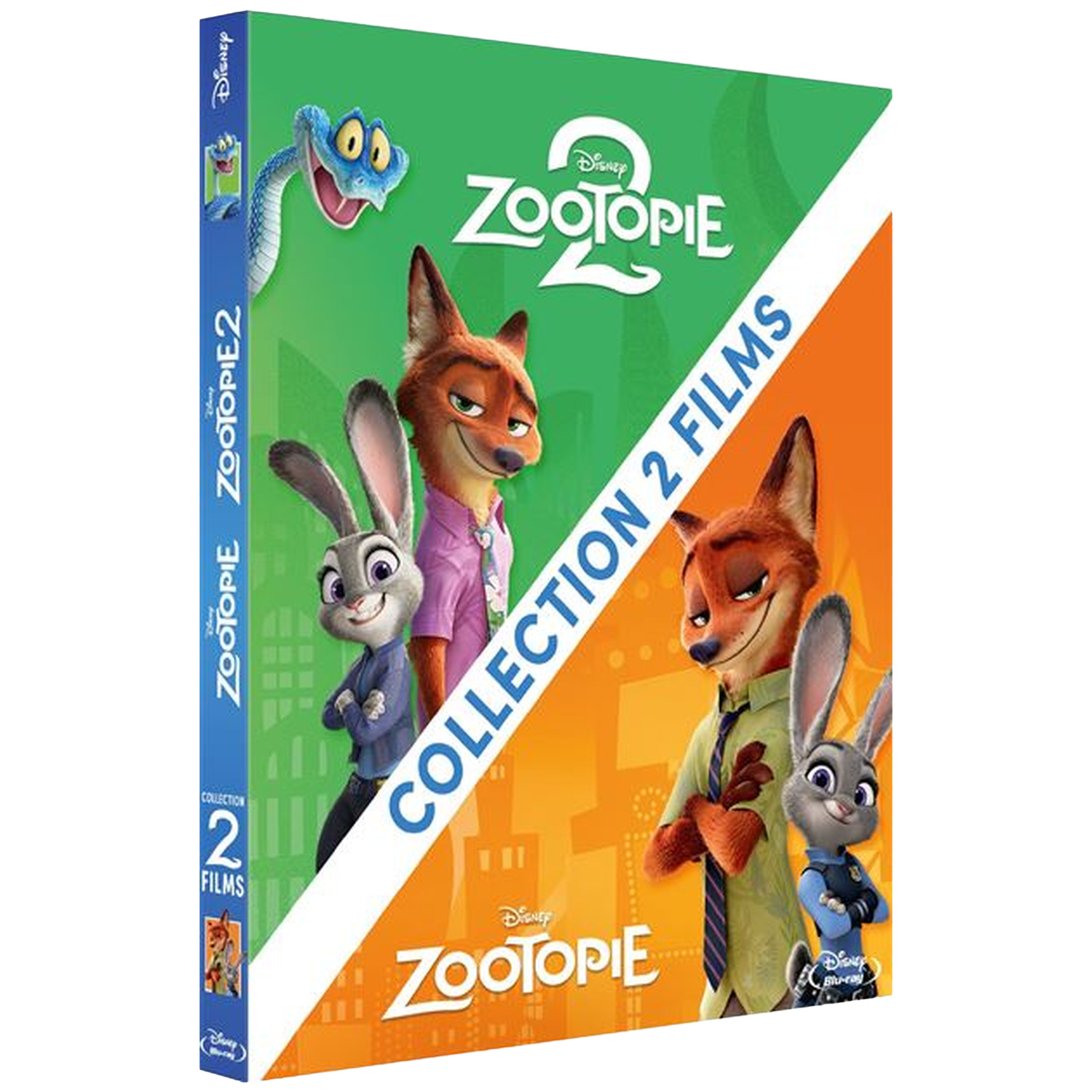 Couverture Blu-ray Zootopia 2 Collection 2 Films avec Nick, Judy et un serpent.