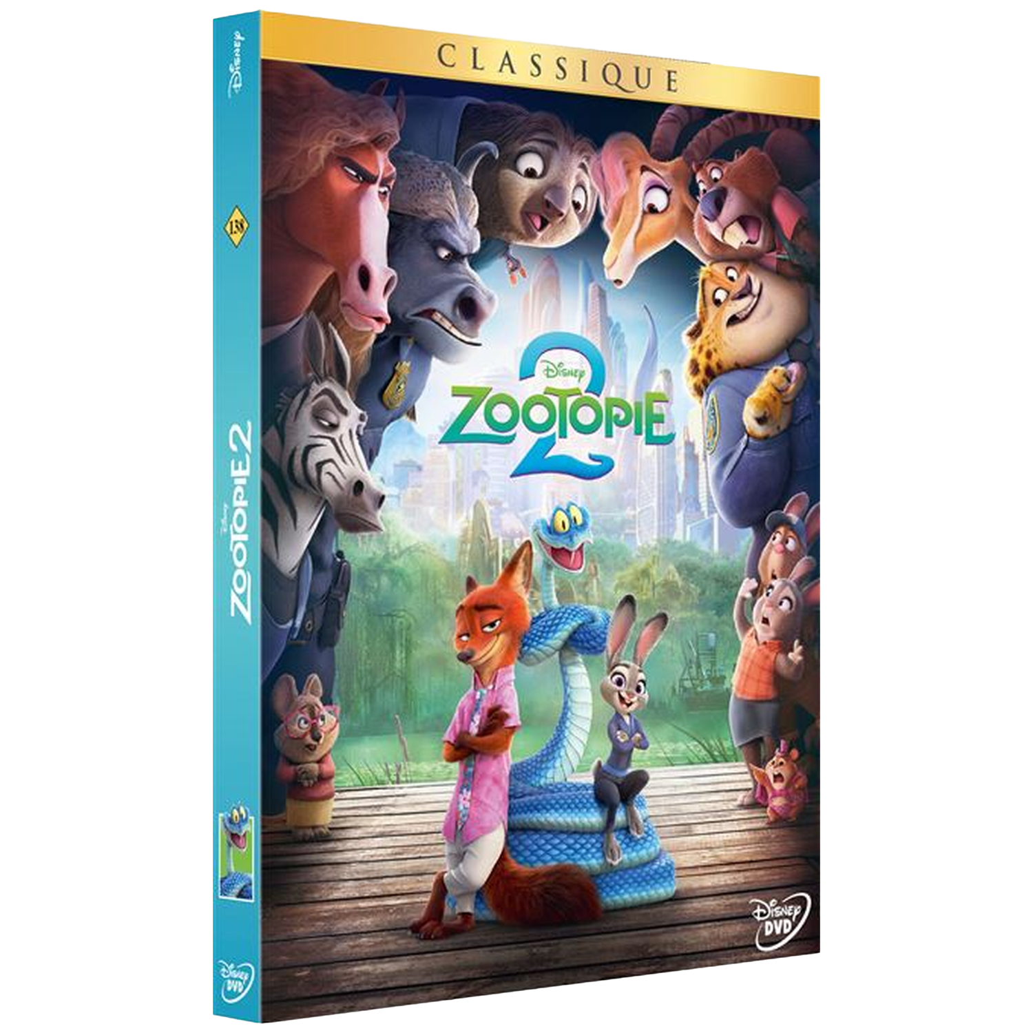 Zootopia 2 DVD-hoes met diverse dierenpersonages in een stad.
