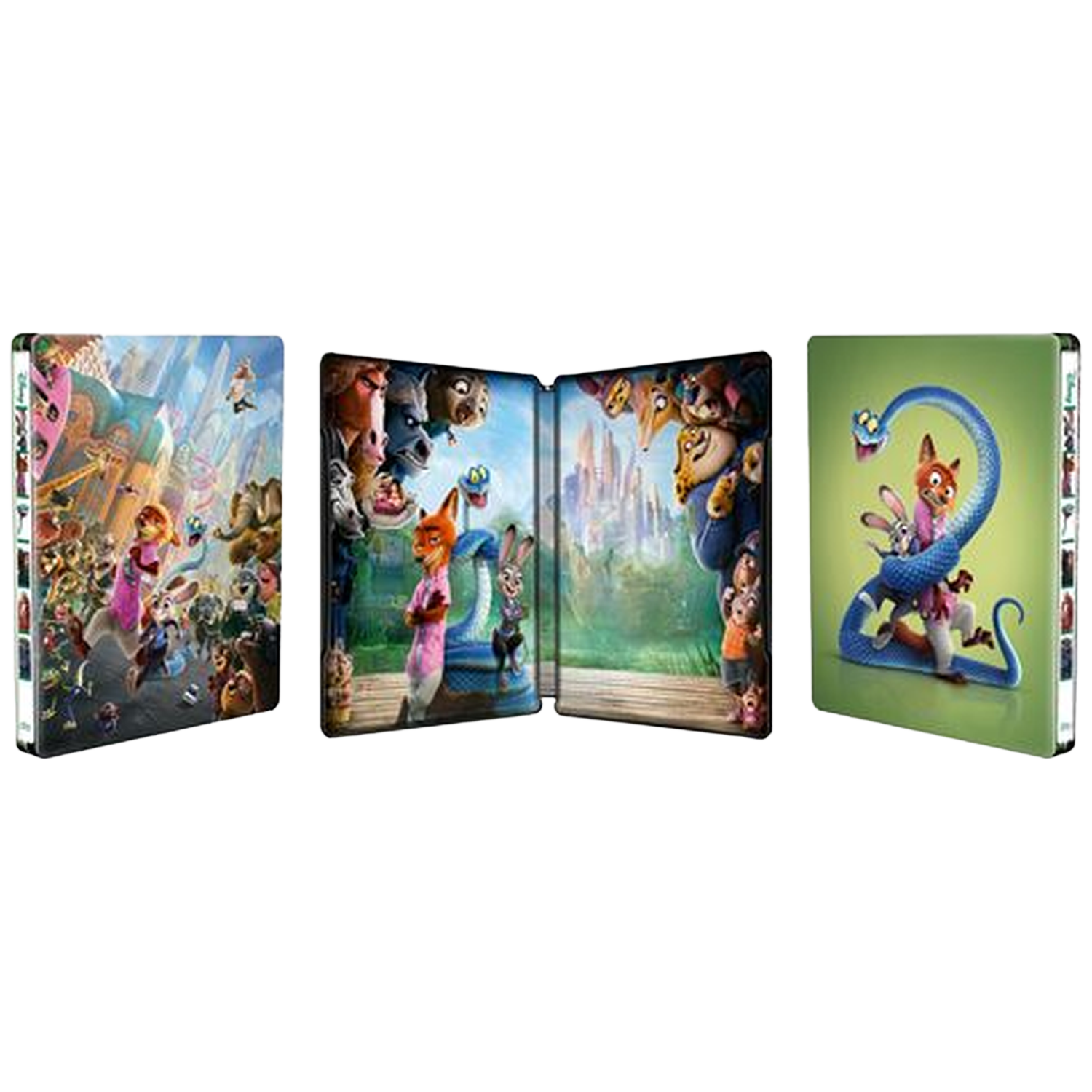 Images de personnages de Zootopia sur trois steelbooks représentant une ville et un serpent.