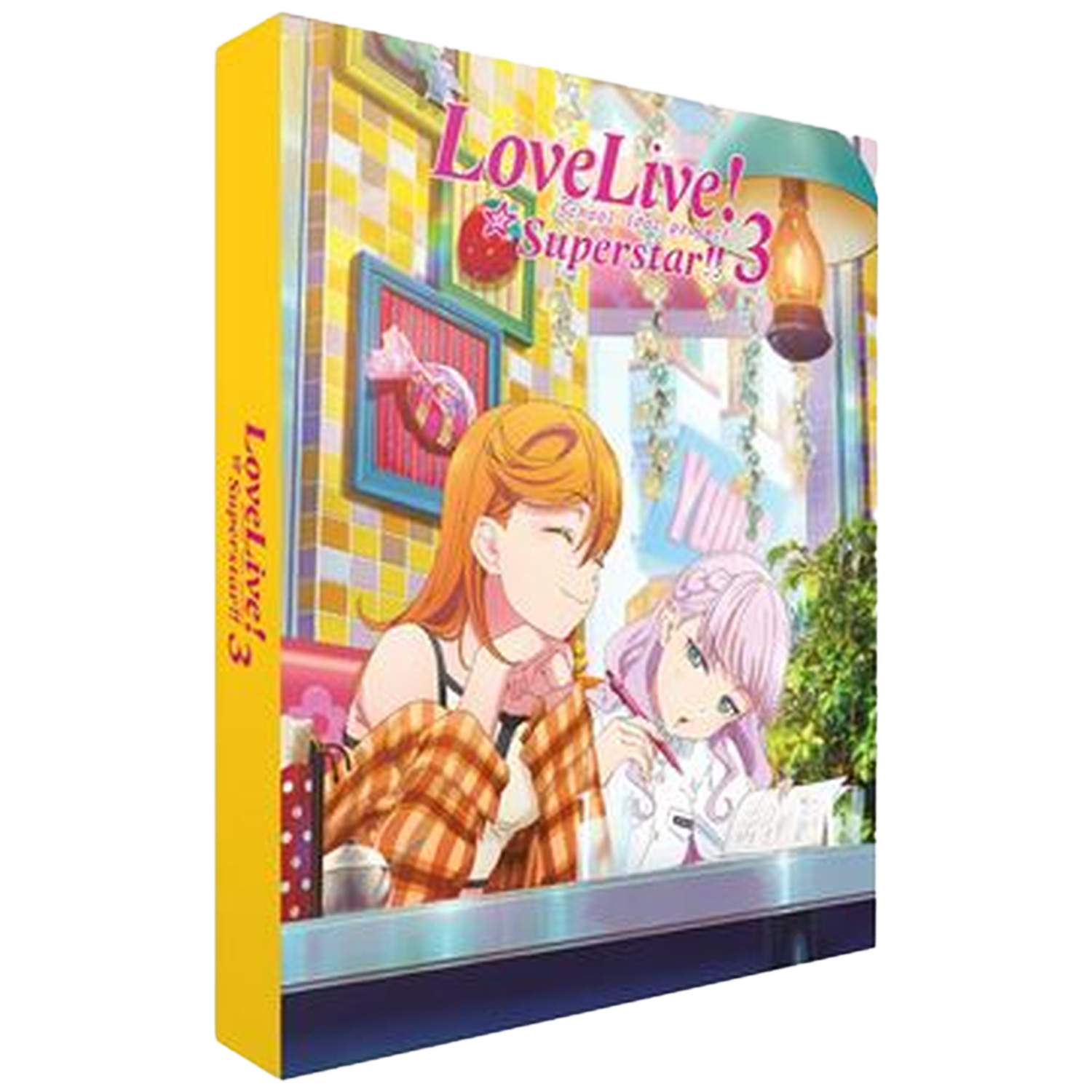 Twee anime meisjes zitten aan een tafel. Eén schrijft, de ander lacht.