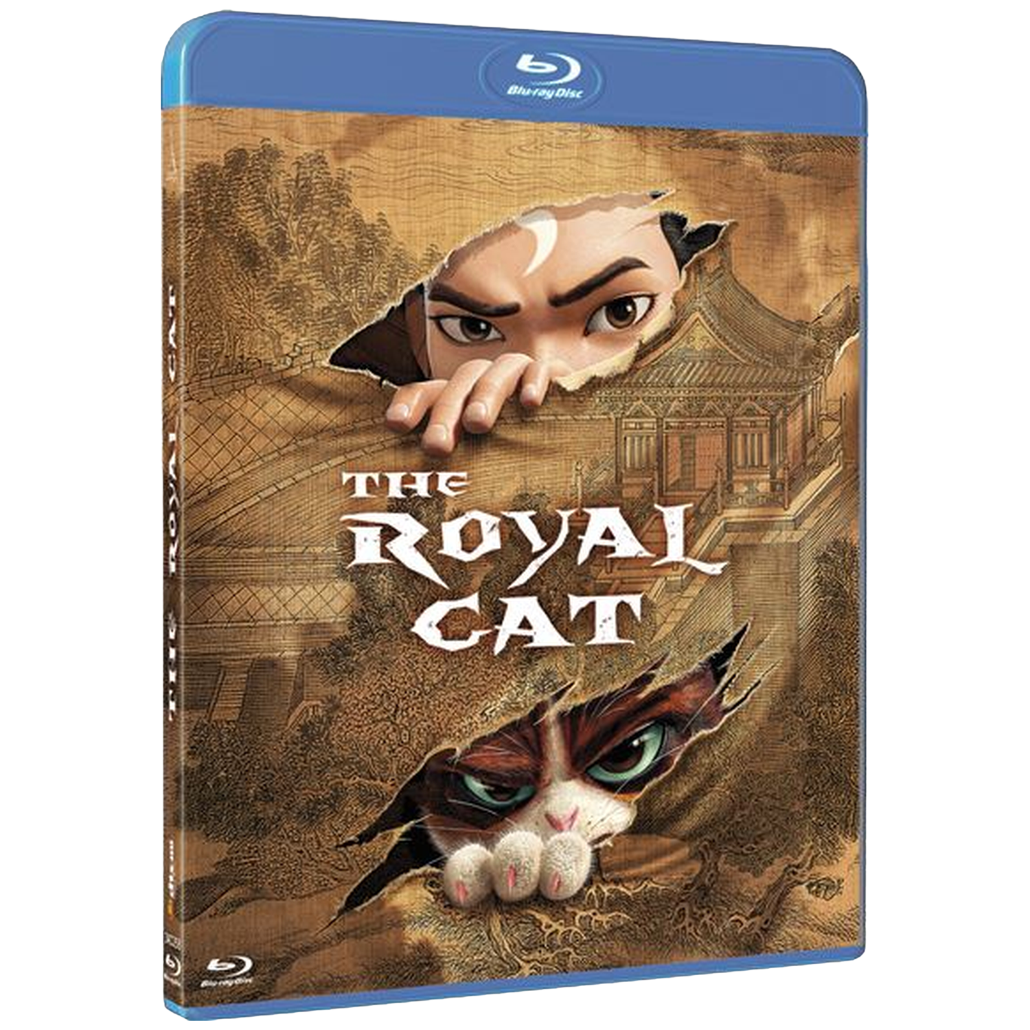 Boîtier Blu-ray de 'The Royal Cat' avec un homme et un chat qui regardent.
