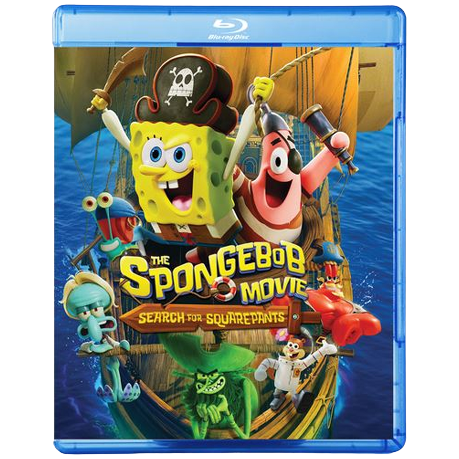 SpongeBob, Patrick en vrienden als piraten op een schip. De titel is "The SpongeBob Movie".