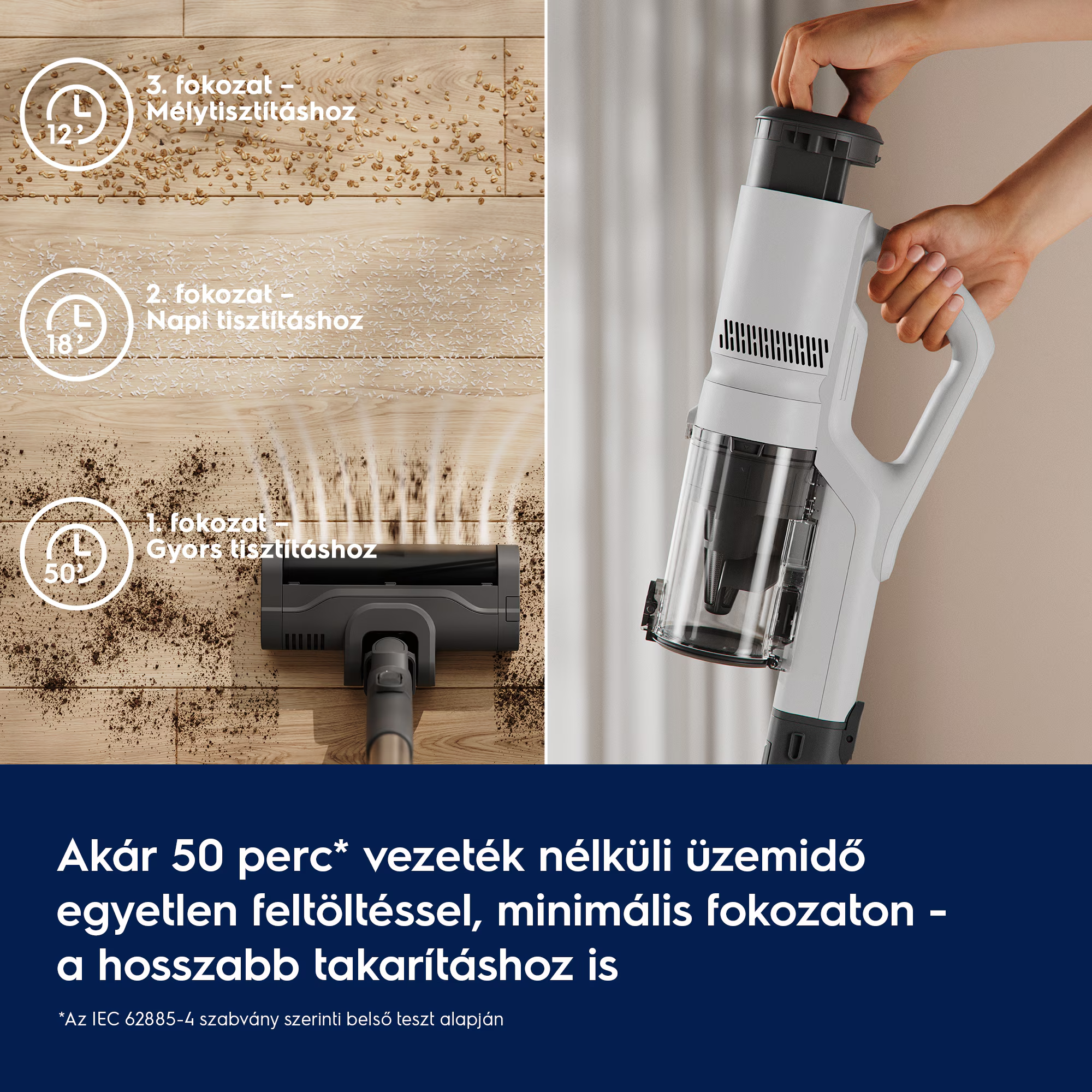 Vezeték nélküli porszívó három teljesítményszinttel és üzemidővel.