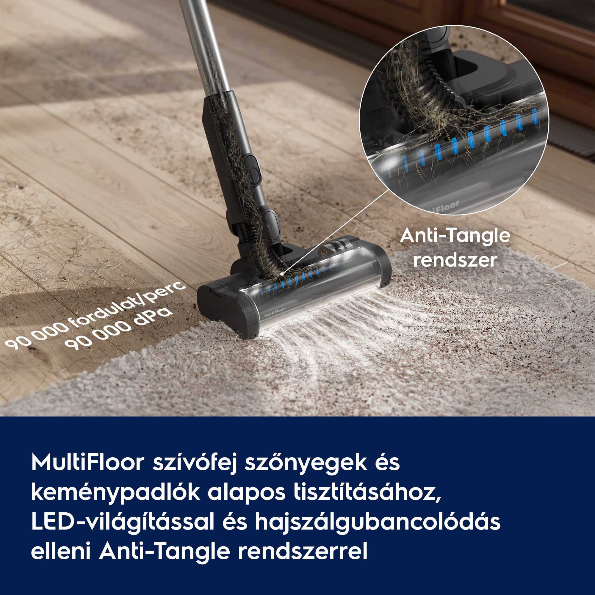 Porszívófej szőnyegek és kemény padlók tisztításához LED-fénnyel és Anti-Tangle rendszerrel.