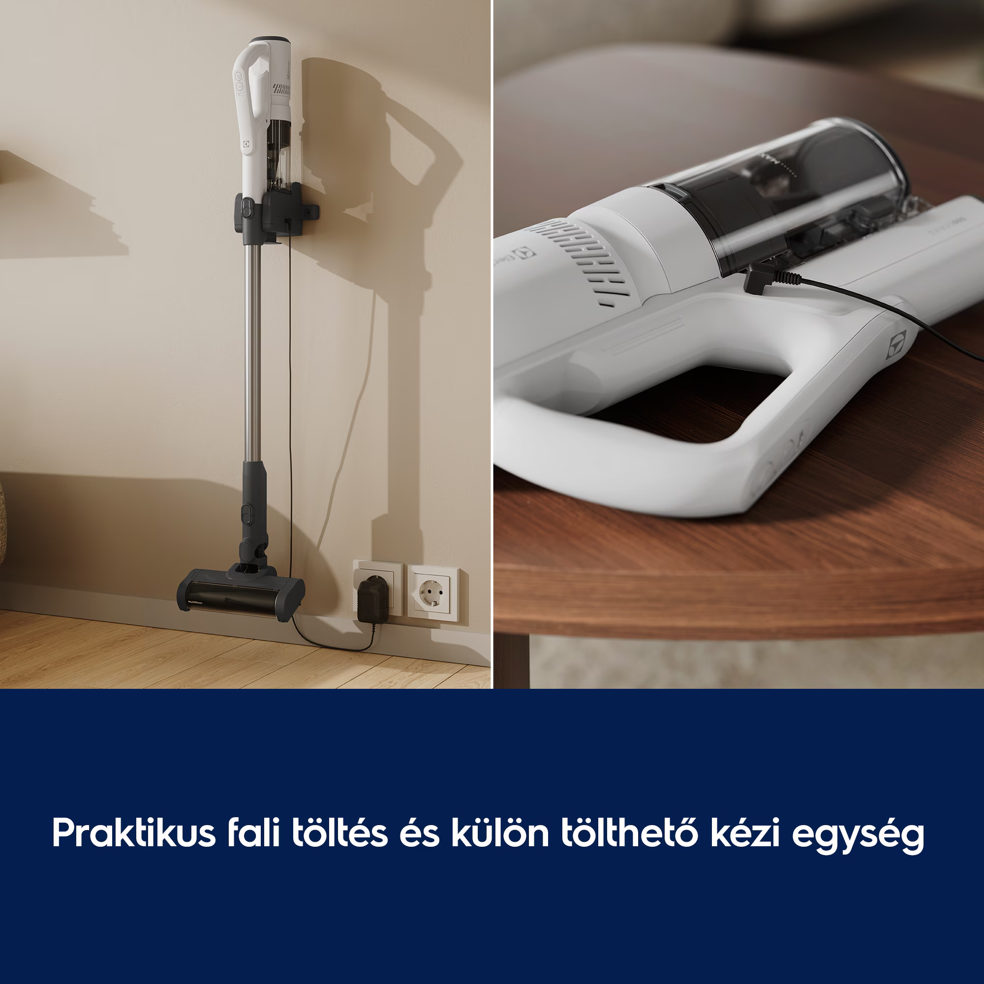 Egy fehér vezeték nélküli porszívó töltődik a falon és egy faasztalon.