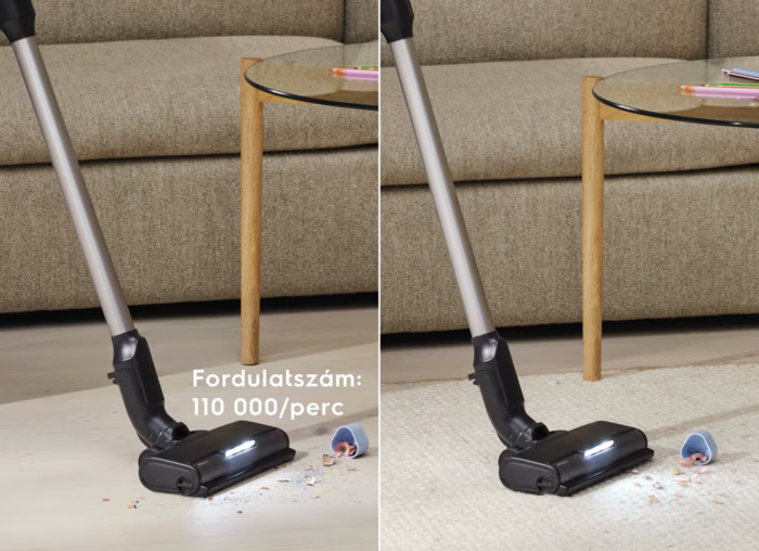 Porszívófej fa és szőnyegpadlón ceruzaforgácsokkal.