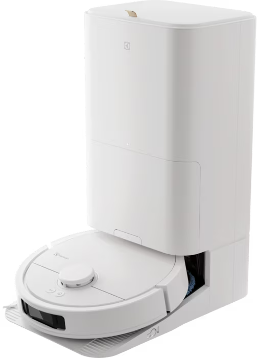 Fehér robotporszívó töltőállomással. A robot elöl, az állomás hátul.