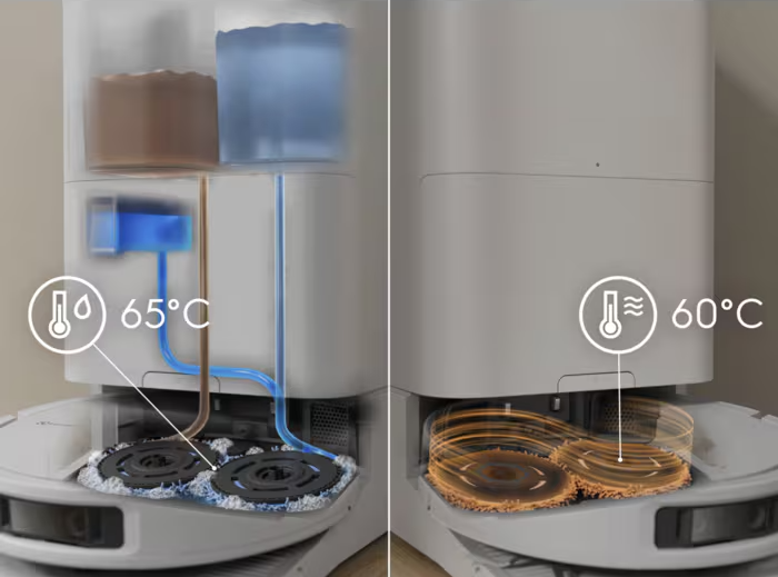Tisztítóállomás két tartállyal és két mop-pal, 65°C és 60°C kijelzéssel.