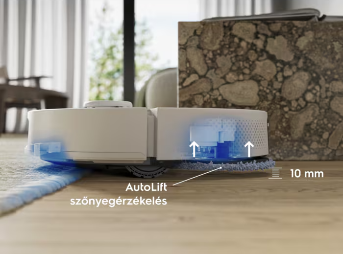 Egy fehér robotporszívó felemelkedik egy szőnyegen, mutatva az AutoLift funkciót.