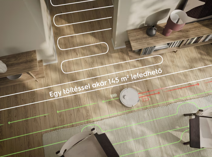 Robotporszívó tisztít fapadlót, felület- és akkumulátorjelzőkkel.
